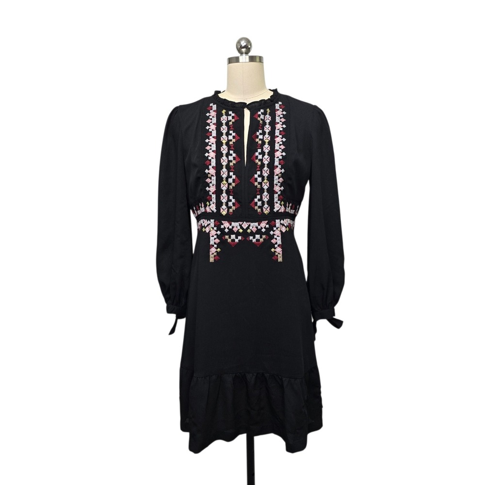 Ann Taylor Black Embroidered Keyhole Ruffle‎ Long Sleeve Dress Size 6